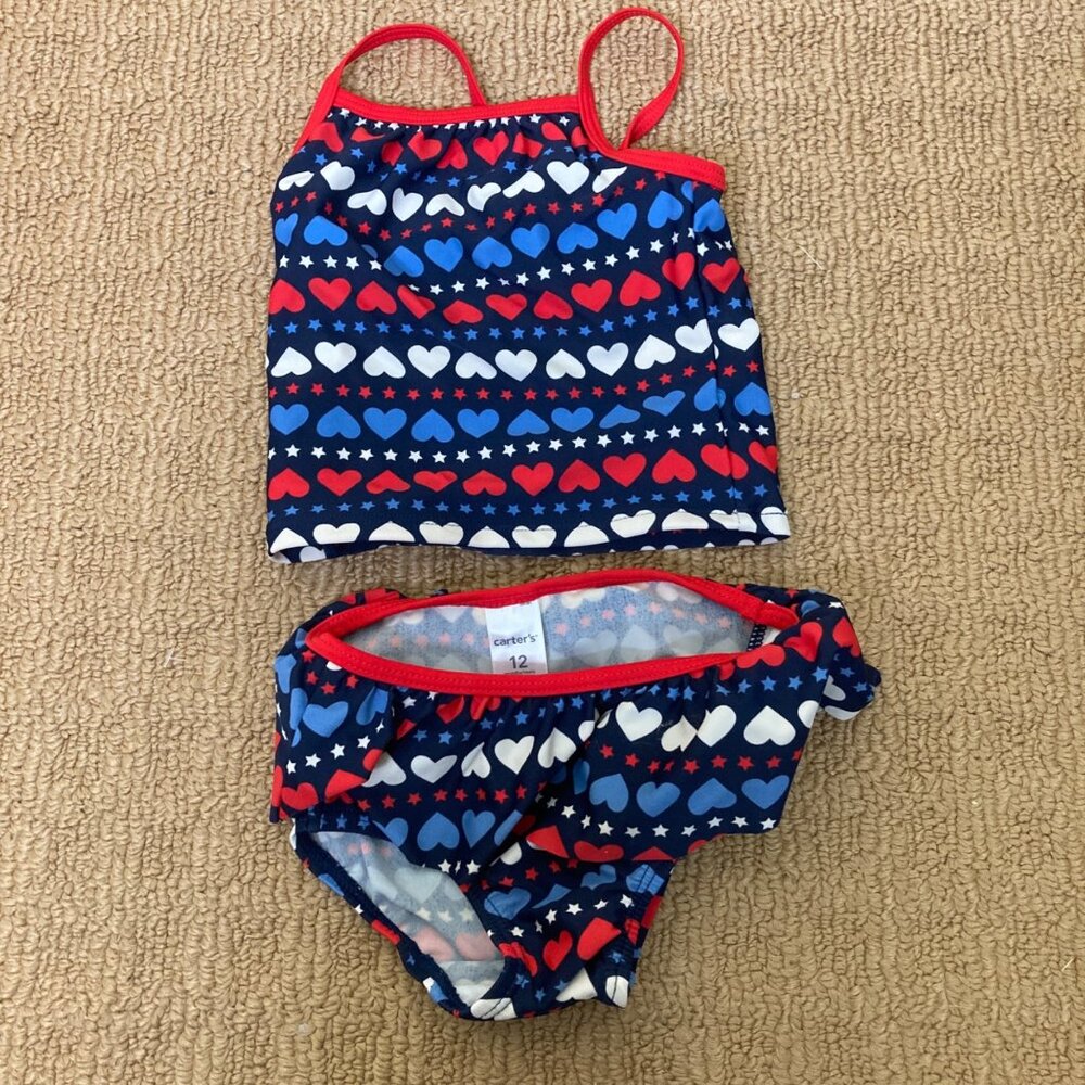 Carter's Tankini Baby Girl Toddler 12 months Red White Blue Hearts Swimsuit